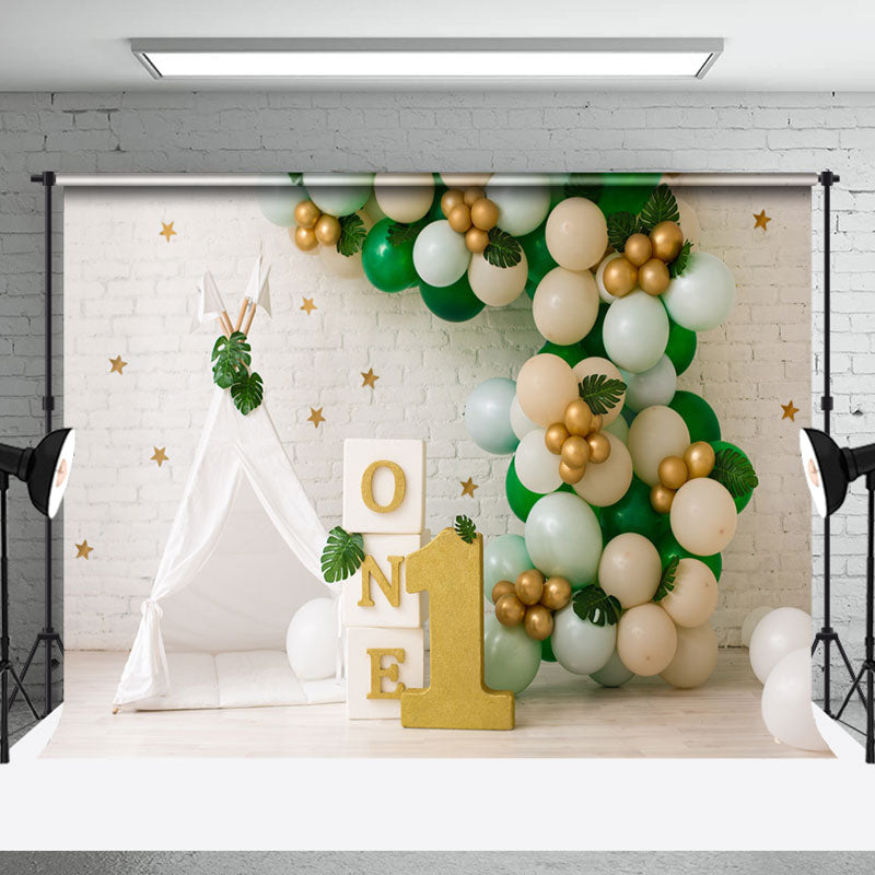 Aperturee - White Brick Wall Tent Balloons Cake Smash Backdrop