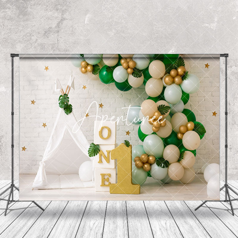 Aperturee - White Brick Wall Tent Balloons Cake Smash Backdrop