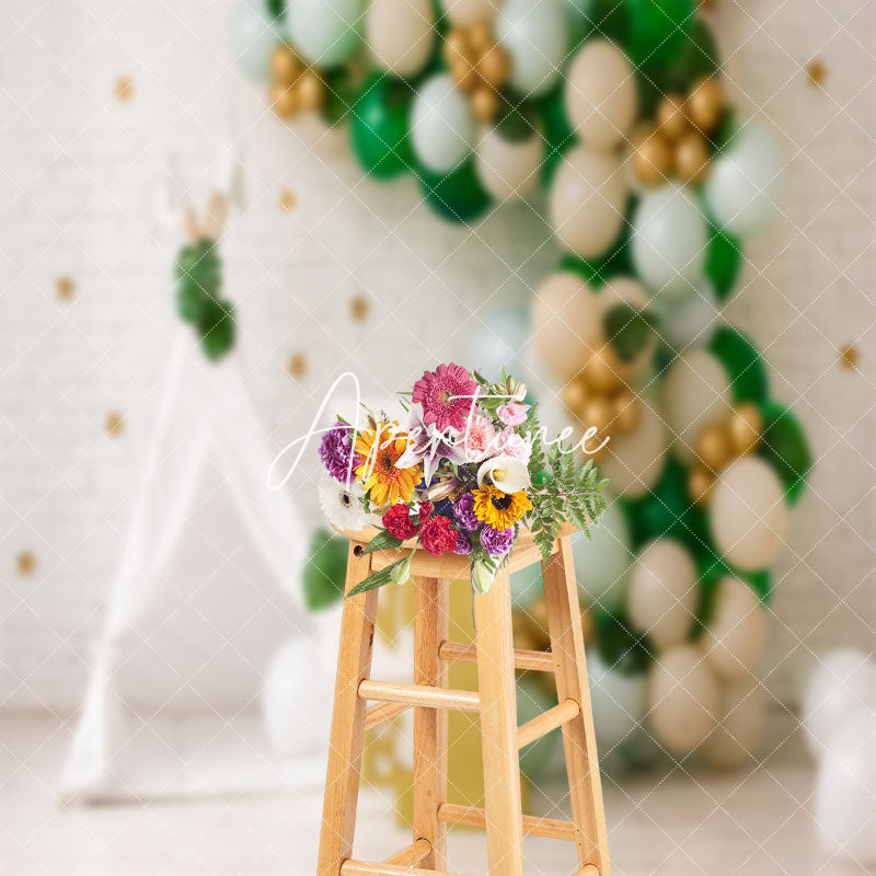 Aperturee - White Brick Wall Tent Balloons Cake Smash Backdrop