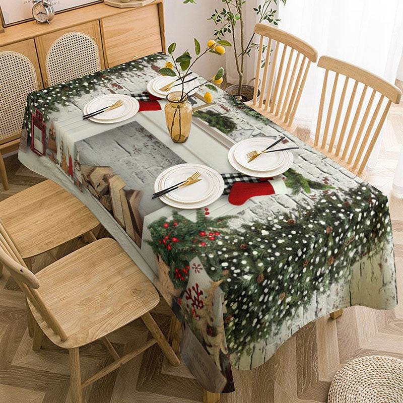 Aperturee - White Brick Wall Tree Fireplace Christmas Tablecloth