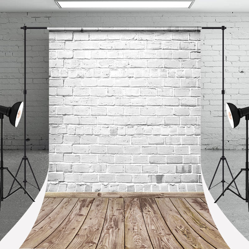 Aperturee - White Brick Wall Wooden Ground Photo Sweep Backdrop