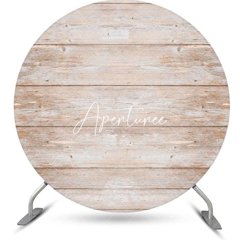 Aperturee - White Brown Wood Plank Round Happy Birthday Backdrop