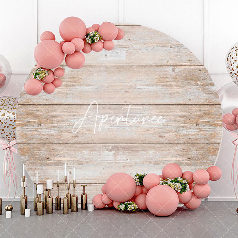 Aperturee - White Brown Wood Plank Round Happy Birthday Backdrop