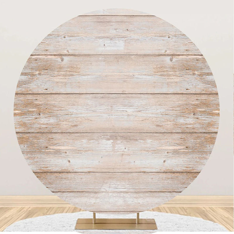 Aperturee - White Brown Wood Plank Round Happy Birthday Backdrop