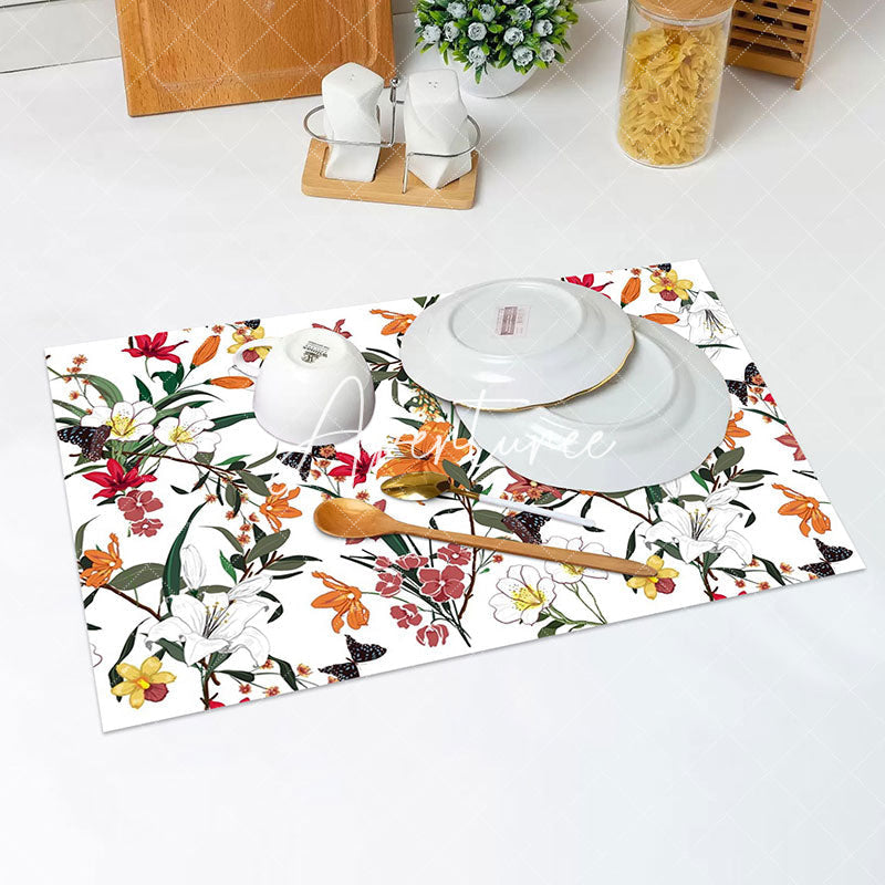 Aperturee - White Colorful Floral Leaf Spring Set Of 4 Placemats