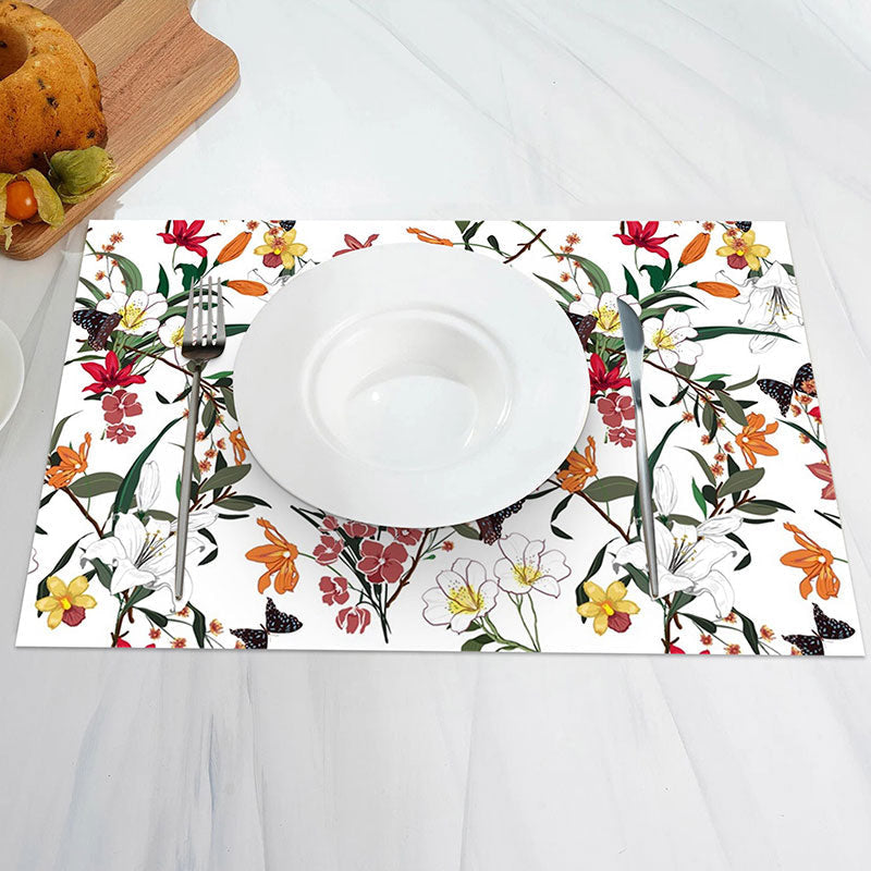 Aperturee - White Colorful Floral Leaf Spring Set Of 4 Placemats