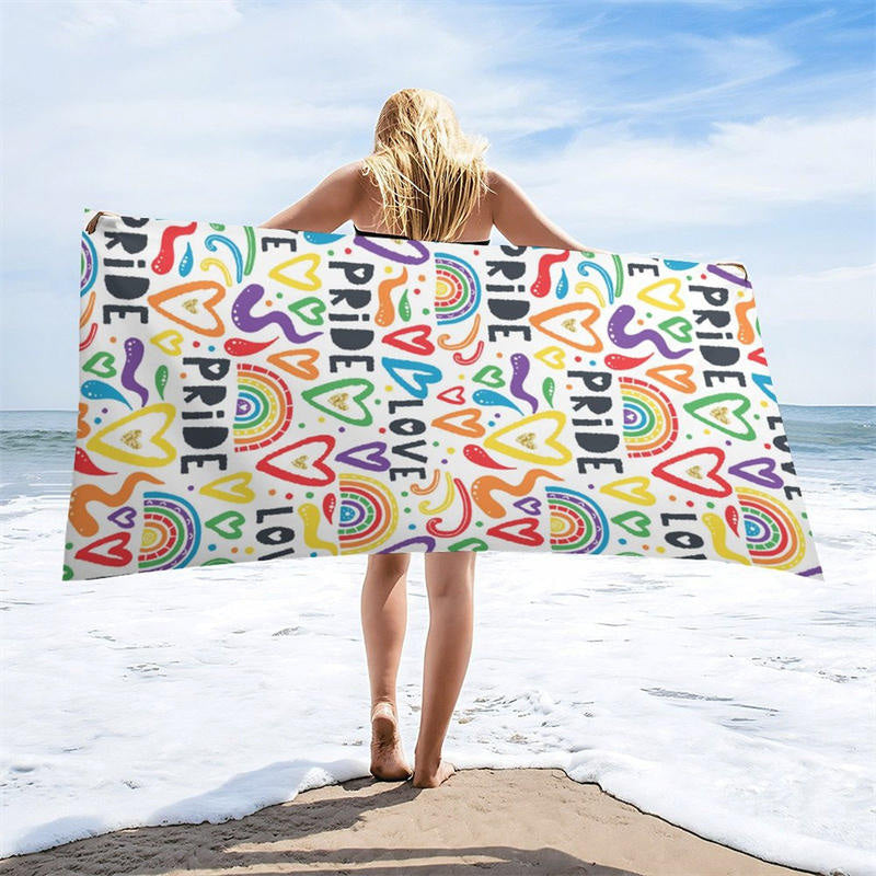 Aperturee - White Colorful Heart Rainbow Pride Month Beach Towel