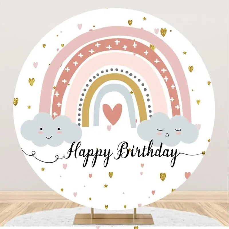 Aperturee - White Colorful Rainbow Boho Round Birthday Backdrop