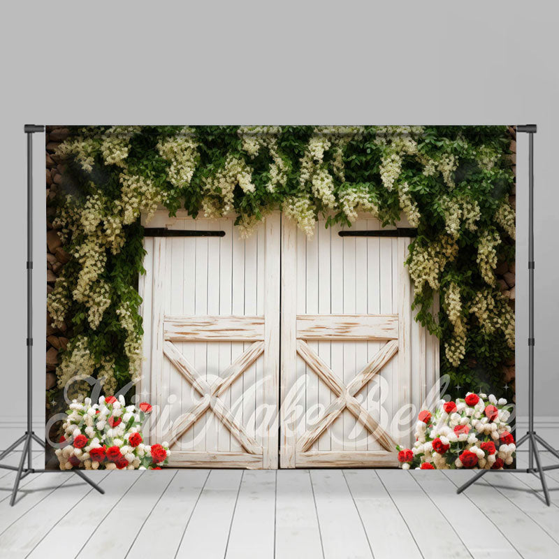 Aperturee - White Creeper Flowers Wooden Door Spring Backdrop