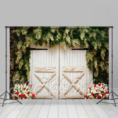 Aperturee - White Creeper Flowers Wooden Door Spring Backdrop