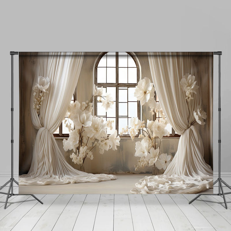 Aperturee - White Curtain And Flowers Window Wedding Backdrop