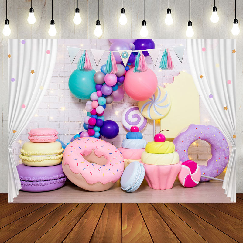 Aperturee - White Curtain Color Balloon Donut Macaron Backdrop