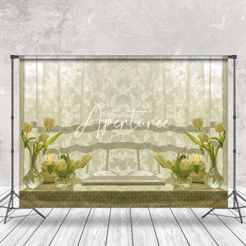 Aperturee - White Curtain Floral Table Spring Photo Backdrop