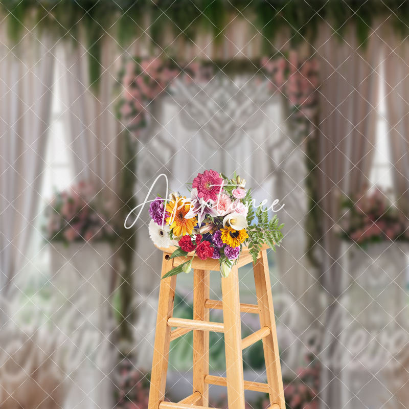 Aperturee - White Curtain Green Plant Pink Flowers Boho Backdrop