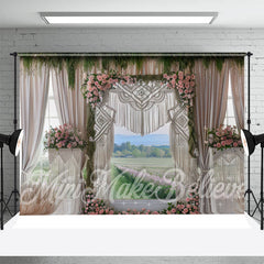 Aperturee - White Curtain Green Plant Pink Flowers Boho Backdrop