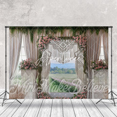 Aperturee - White Curtain Green Plant Pink Flowers Boho Backdrop