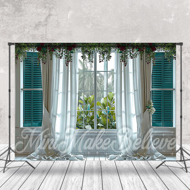 Aperturee - White Curtain Trees Floral Door And Window Backdrop