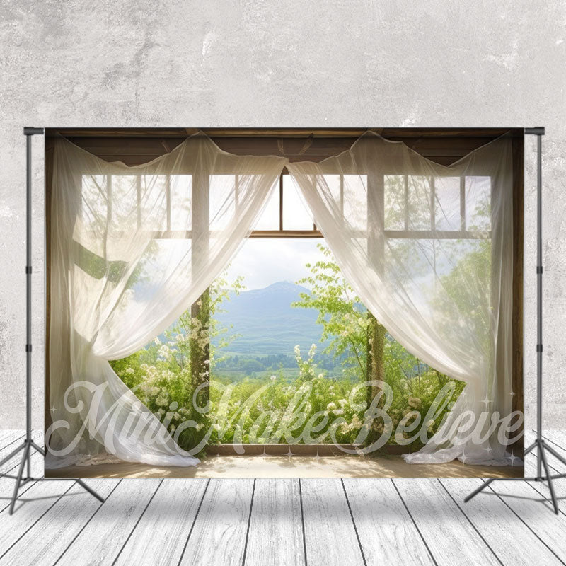 Aperturee - White Curtain Window Green Plants Mountain Backdrop