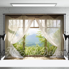 Aperturee - White Curtain Window Green Plants Mountain Backdrop