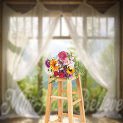 Aperturee - White Curtain Window Green Plants Mountain Backdrop