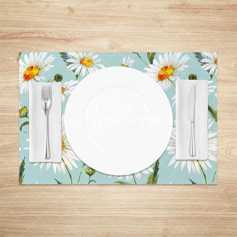 Aperturee - White Daisy Floral Cyan Repeat Set Of 4 Placemats