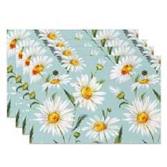 Aperturee - White Daisy Floral Cyan Repeat Set Of 4 Placemats