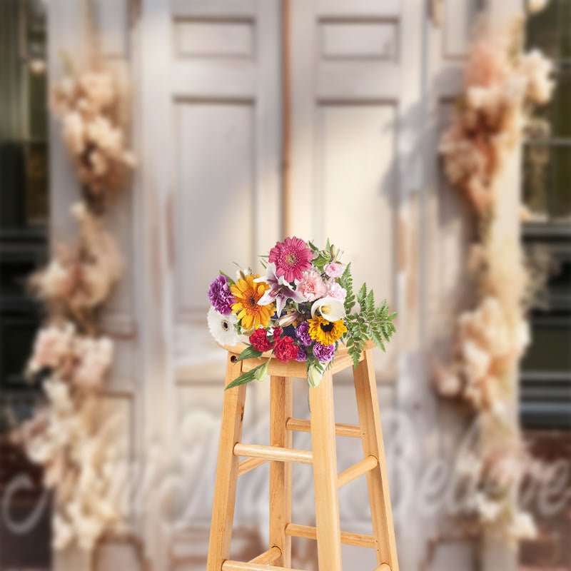 Aperturee - White Door Floret Photo Birthday Cake Smash Backdrop