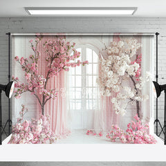 Aperturee - White Door Pink Curtain Floral Tree Wedding Backdrop