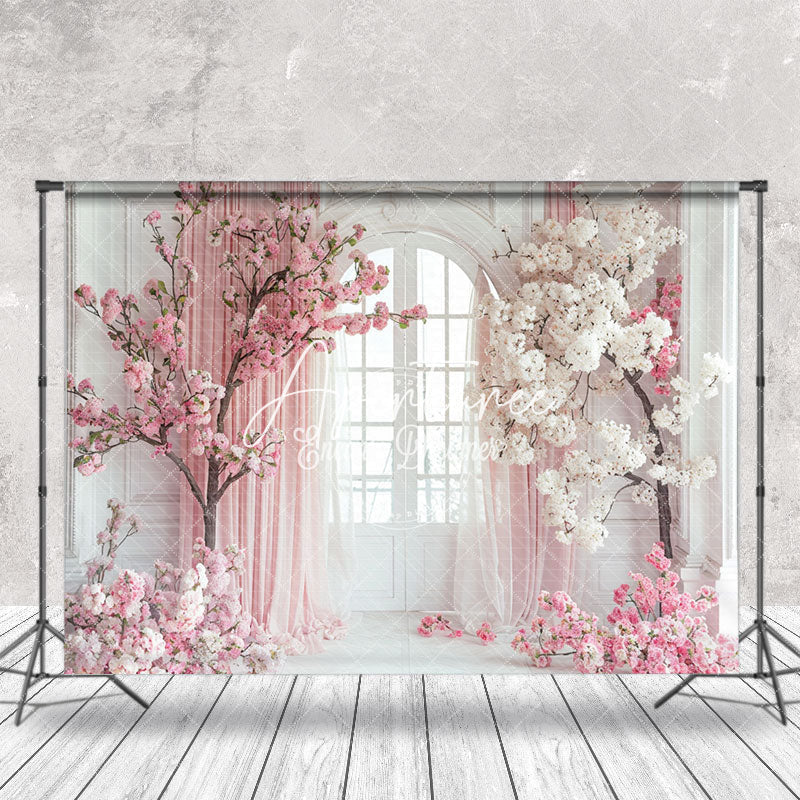 Aperturee - White Door Pink Curtain Floral Tree Wedding Backdrop