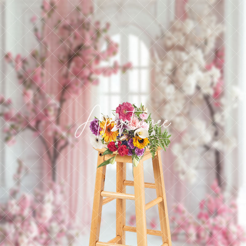 Aperturee - White Door Pink Curtain Floral Tree Wedding Backdrop