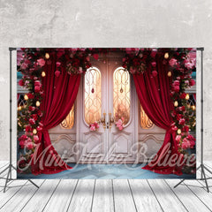 Aperturee - White Door Red Curtain Floral Photoshoot Backdrop