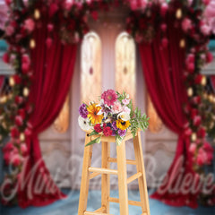 Aperturee - White Door Red Curtain Floral Photoshoot Backdrop