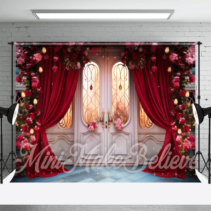 Aperturee - White Door Red Curtain Floral Photoshoot Backdrop