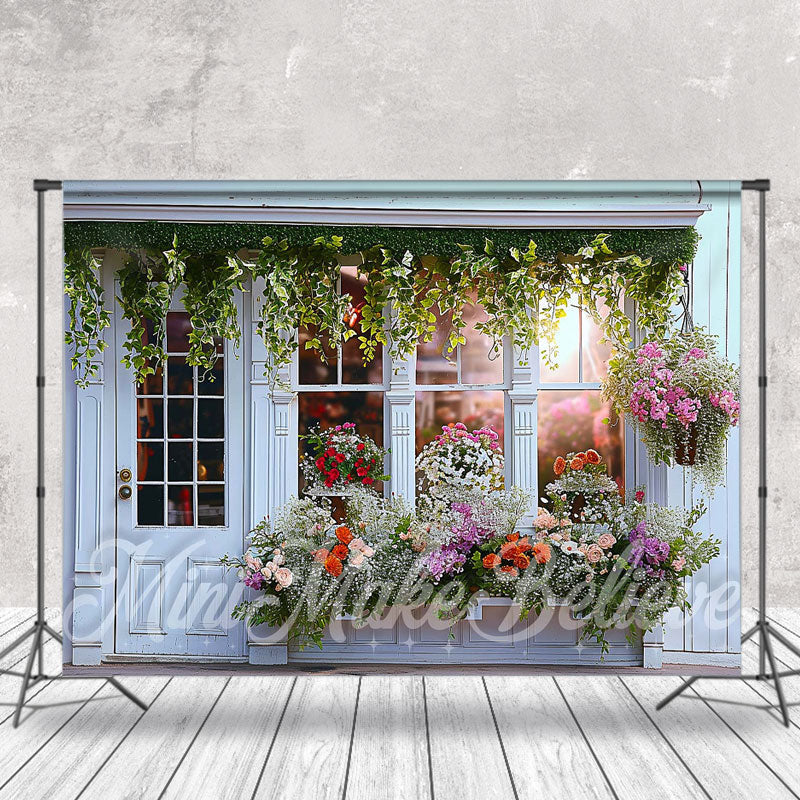 Aperturee - White Doors And Windows Spring Flower Store Backdrop