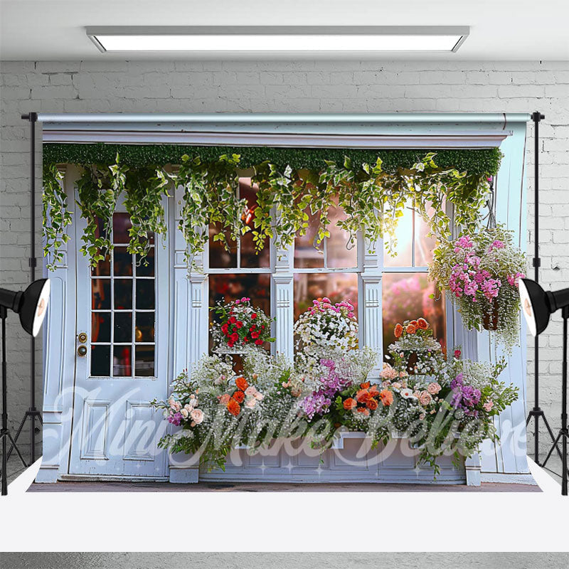 Aperturee - White Doors And Windows Spring Flower Store Backdrop