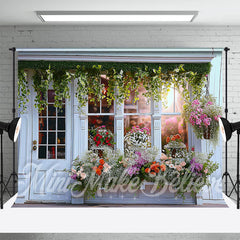 Aperturee - White Doors And Windows Spring Flower Store Backdrop