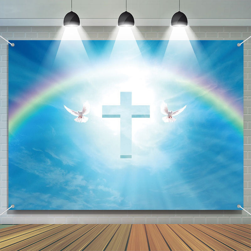 Aperturee - White Dove Cross Rainbow Blue Sky Baptism Backdrop