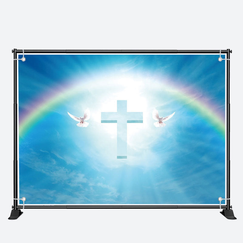 Aperturee - White Dove Cross Rainbow Blue Sky Baptism Backdrop