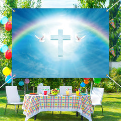 Aperturee - White Dove Cross Rainbow Blue Sky Baptism Backdrop