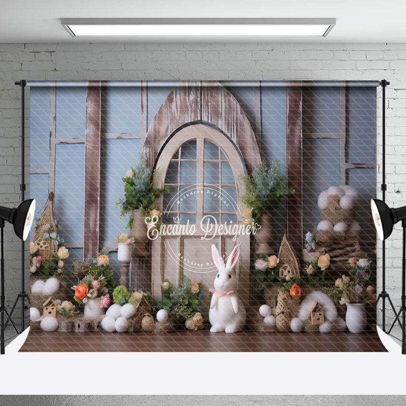 Aperturee - White Egg Rabbit Door Easter Backdrop For Photograph