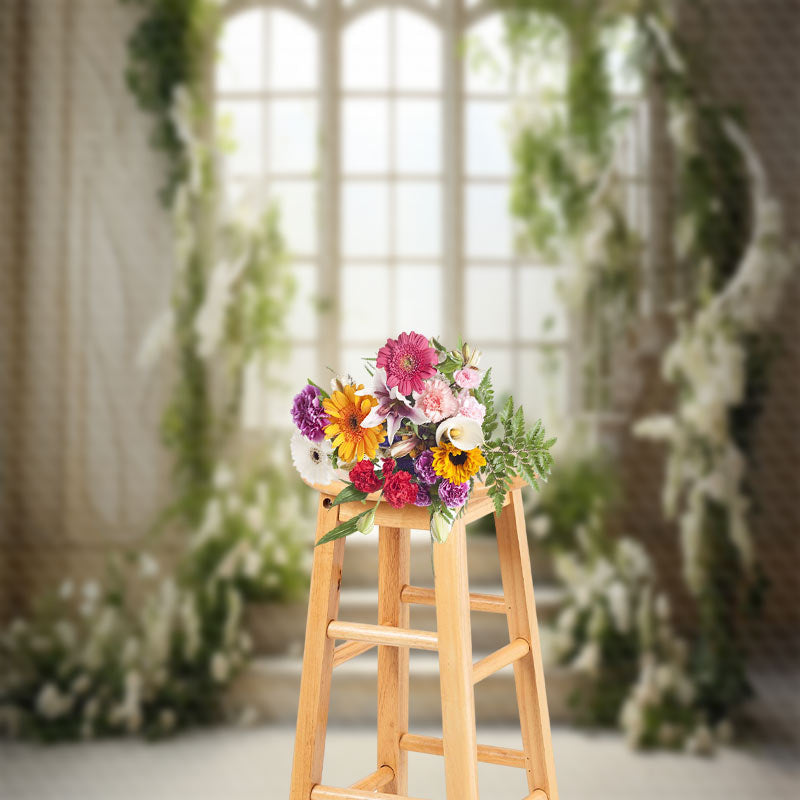 Aperturee - White Elegant Floral Wall Door Stair Spring Backdrop