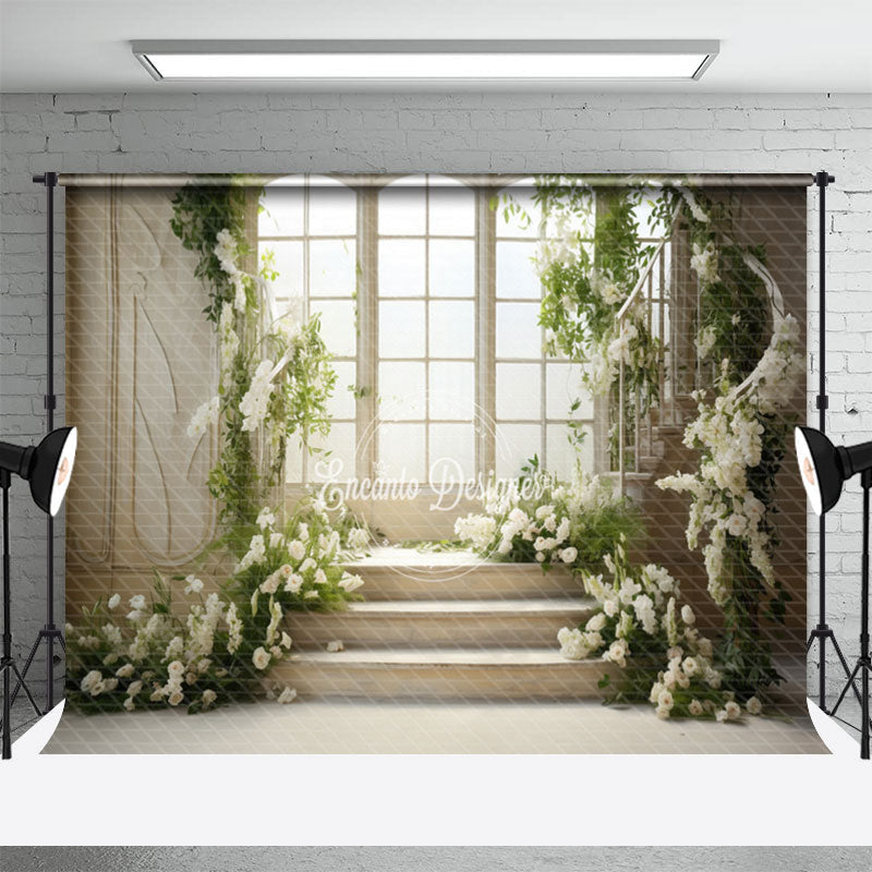 Aperturee - White Elegant Floral Wall Door Stair Spring Backdrop