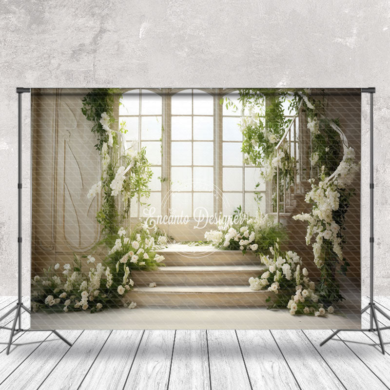 Aperturee - White Elegant Floral Wall Door Stair Spring Backdrop