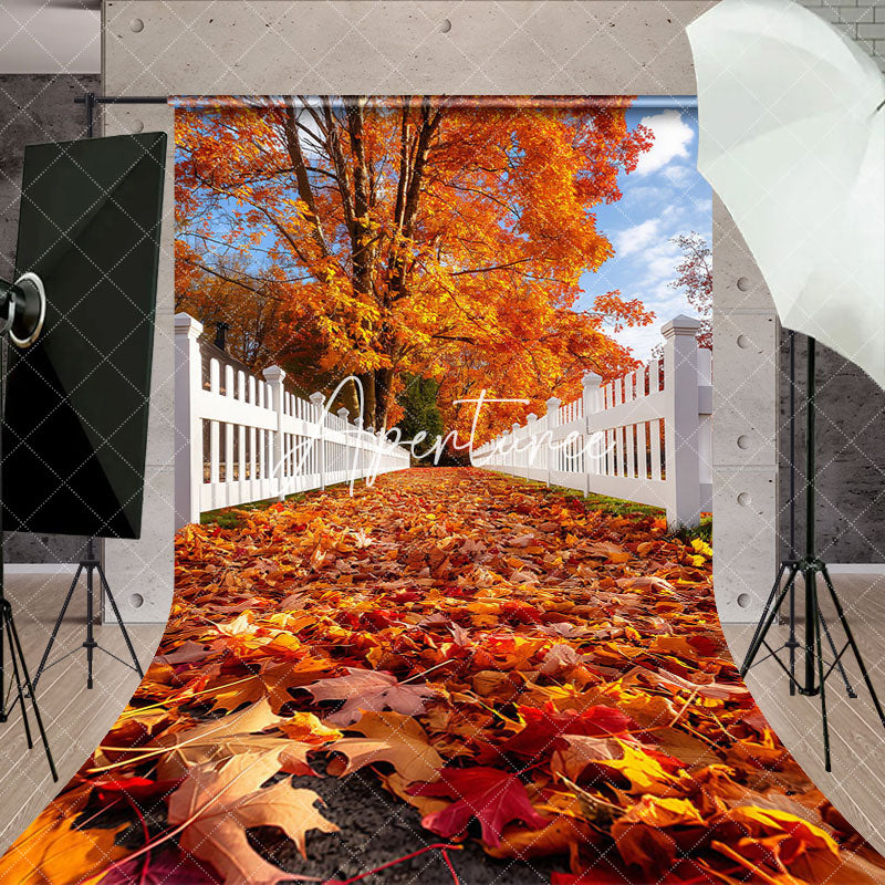 Aperturee - White Fence Falling Maple Leaves Autumn Backdrop