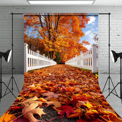 Aperturee - White Fence Falling Maple Leaves Autumn Backdrop