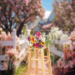 Aperturee - White Fence Path Pink Flower Tree Spring Backdrop