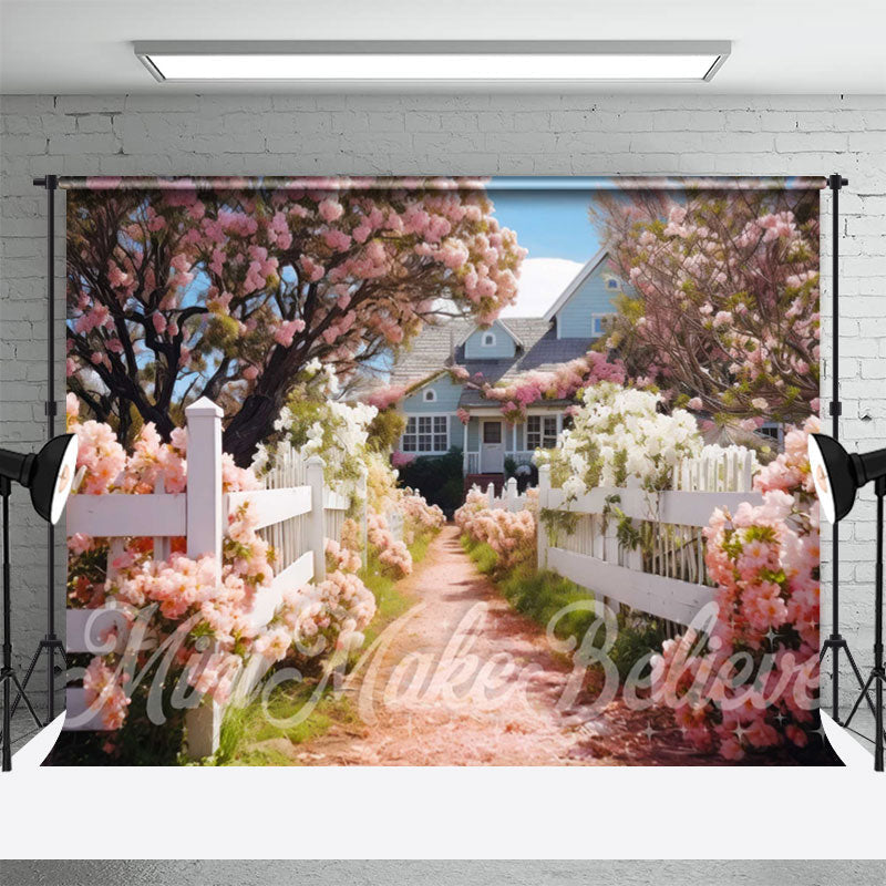 Aperturee - White Fence Path Pink Flower Tree Spring Backdrop