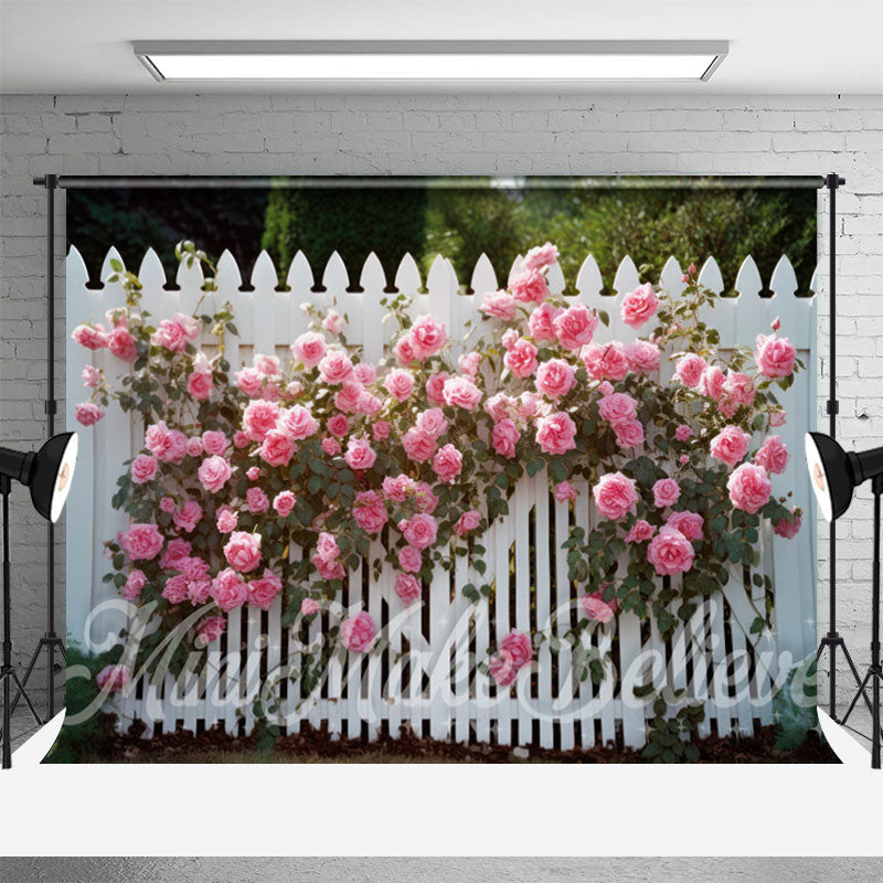 Aperturee - White Fence Pink Flowers Garden Backdrop For Photo