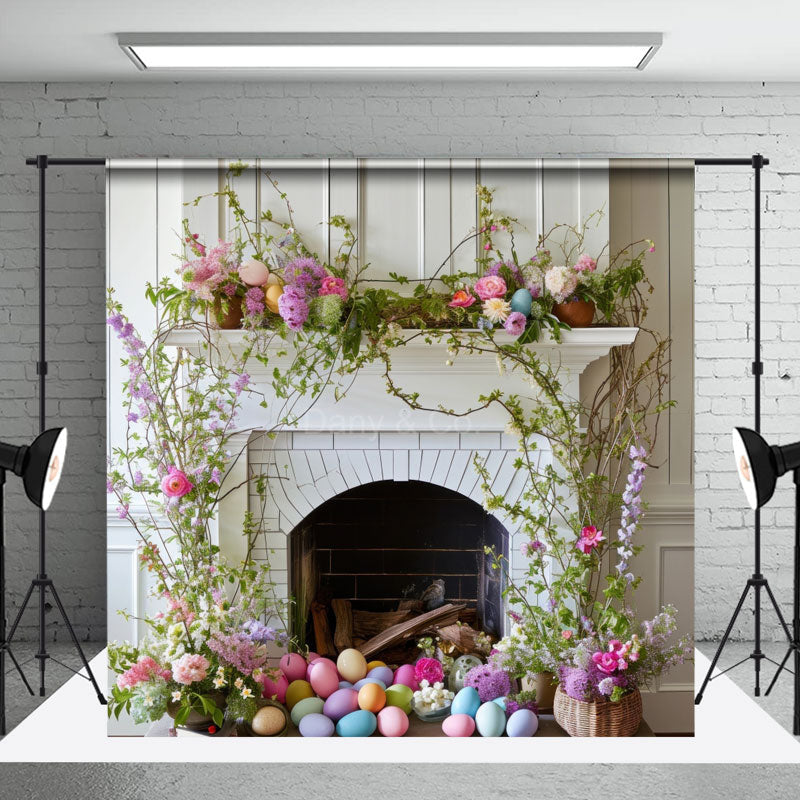 Aperturee - White Fireplace Egg Leaves Easter Backdrop For Photo