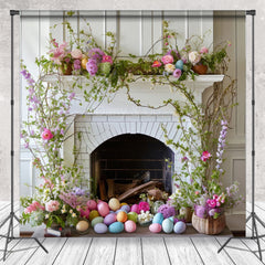 Aperturee - White Fireplace Egg Leaves Easter Backdrop For Photo